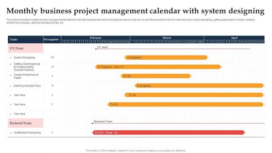 Monthly Business Project Management Calendar With System Designing Ppt Show Infographic Template PDF