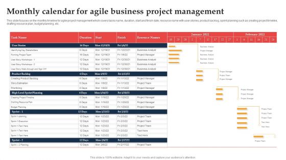 Monthly Calendar For Agile Business Project Management Ppt File Example PDF