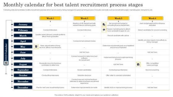 Monthly Calendar For Best Talent Recruitment Process Stages Summary PDF