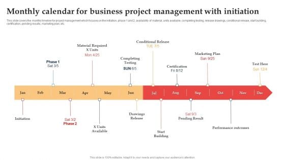 Monthly Calendar For Business Project Management With Initiation Ppt Styles Samples PDF