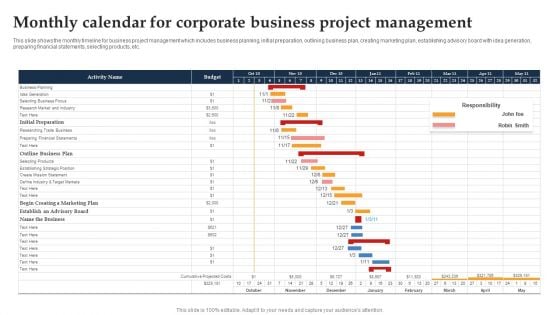 Monthly Calendar For Corporate Business Project Management Ppt Pictures Slide Download PDF