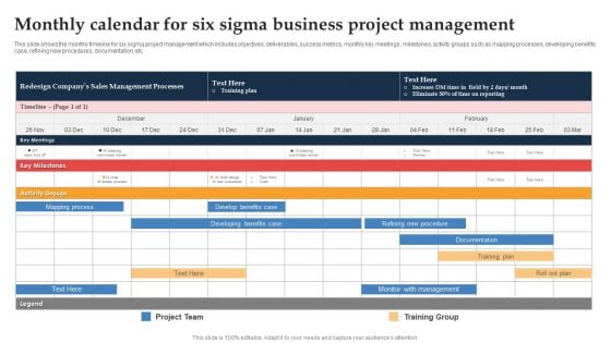 Monthly Calendar For Six Sigma Business Project Management Ppt Examples PDF