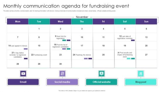 Monthly Communication Agenda For Fundraising Event Themes PDF