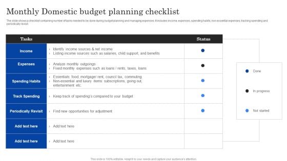 Monthly Domestic Budget Planning Checklist Ppt PowerPoint Presentation Show Guide PDF