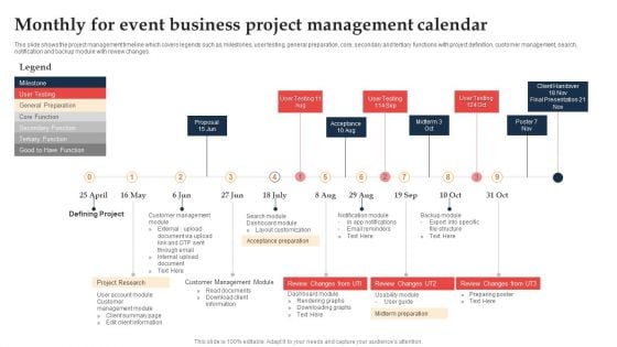 Monthly For Event Business Project Management Calendar Ppt Summary Graphics PDF