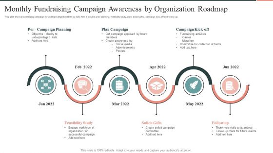 Monthly Fundraising Campaign Awareness By Organization Roadmap Summary PDF