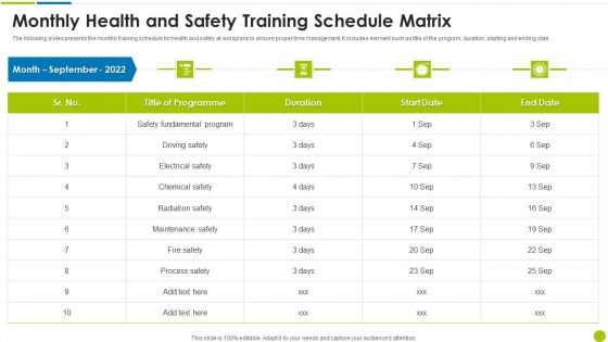 Monthly Health And Safety Training Schedule Matrix Ppt Gallery Show PDF Monthly Health And Safety Training Schedule Matrix Ppt Gallery Show PDF
