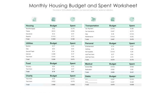 Monthly Housing Budget And Spent Worksheet Ppt PowerPoint Presentation File Model PDF