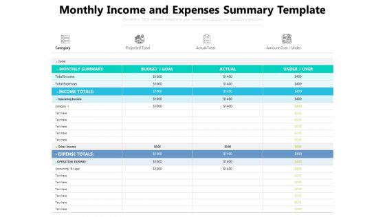 Monthly Income And Expenses Summary Template Ppt PowerPoint Presentation Gallery Samples PDF