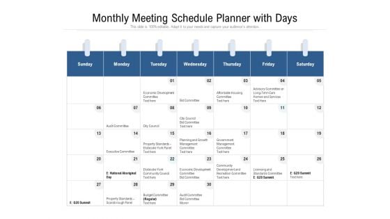 Monthly Meeting Schedule Planner With Days Ppt PowerPoint Presentation File Good PDF