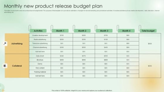 Monthly New Product Release Budget Plan Portrait PDF Monthly New Product Release Budget Plan Portrait PDF