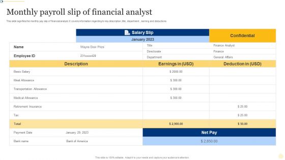 Monthly Payroll Slip Of Financial Analyst Ppt PowerPoint Presentation File Guide PDF
