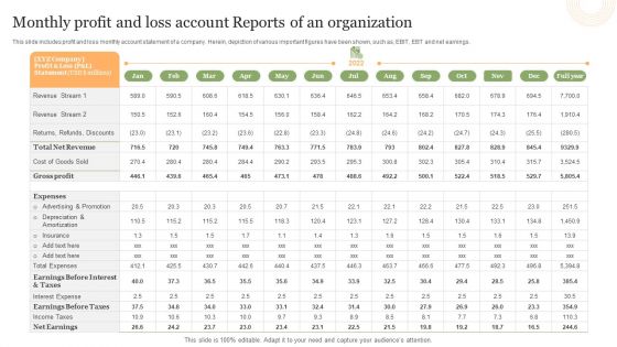 Monthly Profit And Loss Account Reports Of An Organization Clipart PDF
