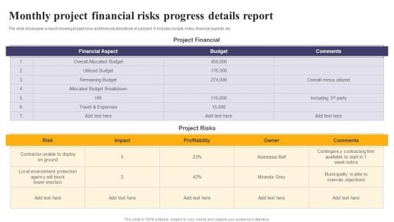 Monthly Project Financial Risks Progress Details Report Ppt Outline Guide PDF