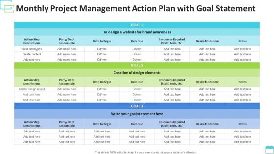 Monthly Project Management Action Plan With Goal Statement Portrait PDF