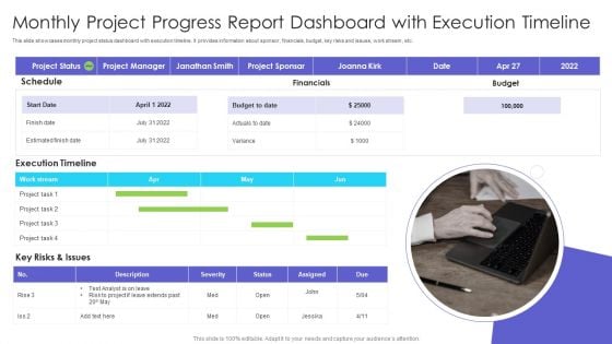 Monthly Project Progress Report Dashboard With Execution Timeline Ppt Icon Graphics Tutorials PDF