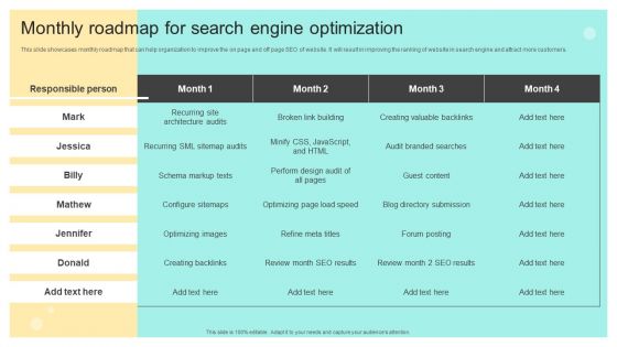 Monthly Roadmap For Search Engine Optimization Online And Offline Brand Inspiration PDF