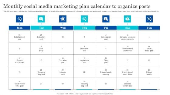 Monthly Social Media Marketing Plan Calendar To Organize Posts Slides PDF