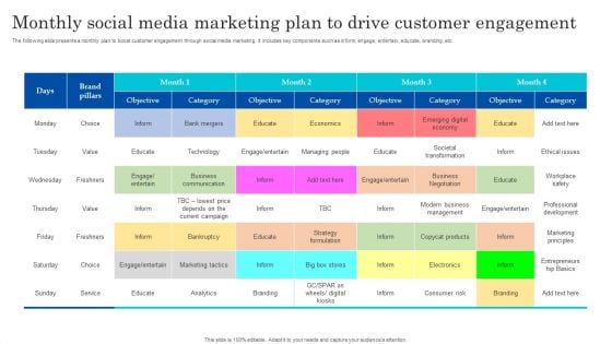 Monthly Social Media Marketing Plan To Drive Customer Engagement Icons PDF