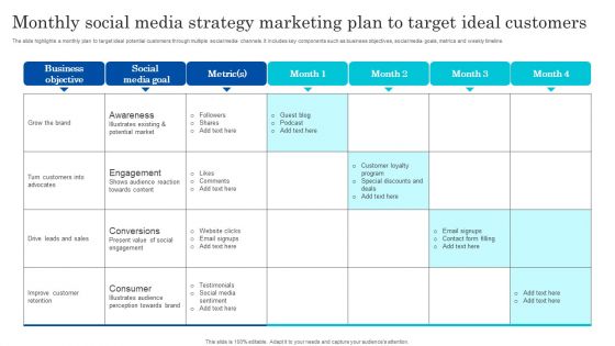 Monthly Social Media Strategy Marketing Plan To Target Ideal Customers Elements PDF