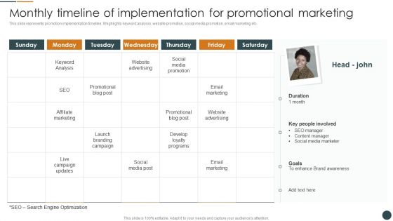 Monthly Timeline Of Implementation For Promotional Marketing Brand Promotion Techniques To Enhance Elements PDF Monthly Timeline Of Implementation For Promotional Marketing Brand Promotion Techniques To Enhance Elements PDF
