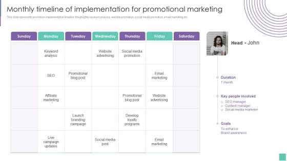 Monthly Timeline Of Implementation For Promotional Marketing Introduce Promotion Plan To Enhance Clipart PDF