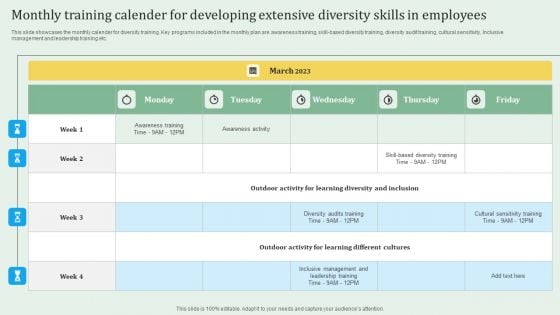 Monthly Training Calender For Developing Extensive Diversity Skills In Employees Themes PDF