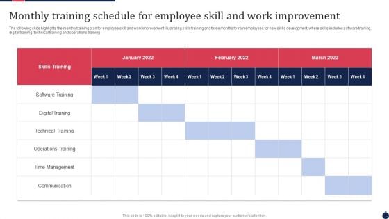 Monthly Training Schedule For Employee Skill And Work Improvement Diagrams PDF