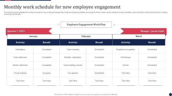 Monthly Work Schedule For New Employee Engagement Background PDF