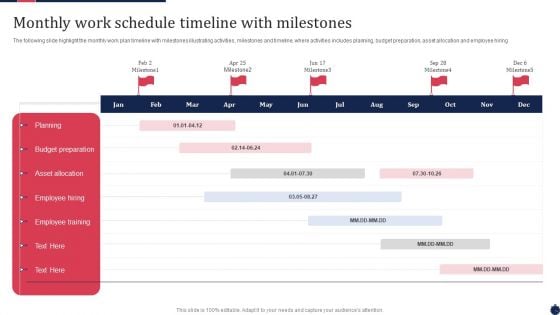 Monthly Work Schedule Timeline With Milestones Ppt PowerPoint Presentation Icon Slides PDF