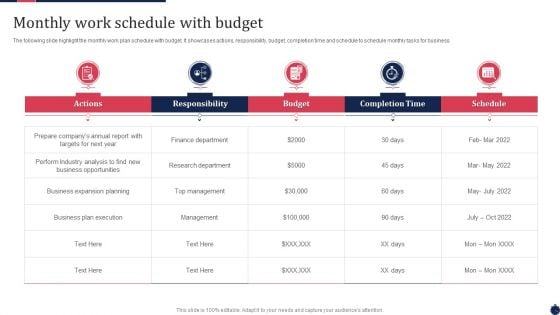 Monthly Work Schedule With Budget Ppt PowerPoint Presentation Gallery Pictures PDF