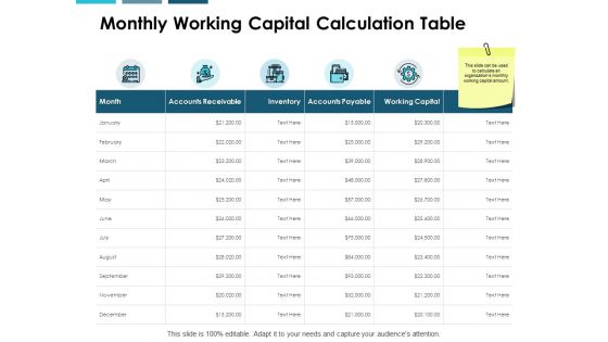 Monthly Working Capital Calculation Table Ppt PowerPoint Presentation Gallery Format Ideas