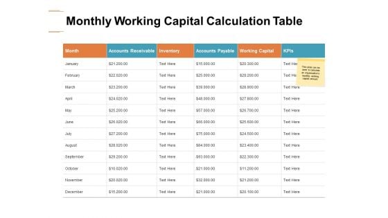 Monthly Working Capital Calculation Table Ppt PowerPoint Presentation Icon Clipart