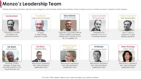Monzoz Leadership Team Monzo Investor Funding Elevator Mockup PDF Monzoz Leadership Team Monzo Investor Funding Elevator Mockup PDF