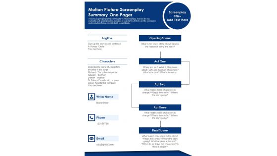 Motion Picture Screenplay Summary One Pager PDF Document PPT Template