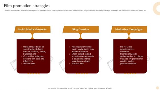 Motion Pictures Production Company Profile Film Promotion Strategies Icons PDF