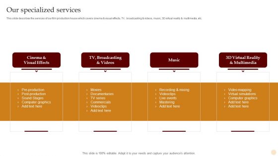 Motion Pictures Production Company Profile Our Specialized Services Summary PDF