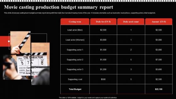 Movie Casting Production Budget Summary Report Sample PDF