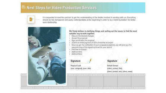 Movie Making Solutions Next Steps For Video Production Services Ppt Gallery Format PDF
