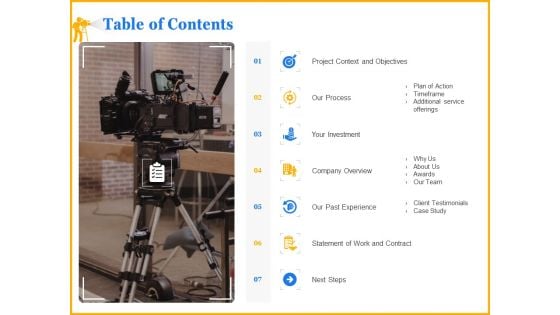 Movie Production Proposal Template Table Of Contents Demonstration PDF
