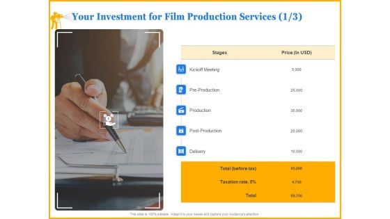Movie Production Proposal Template Your Investment For Film Production Services Delivery Themes PDF
