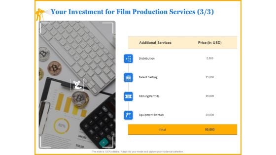 Movie Production Proposal Template Your Investment For Film Production Services Rentals Information PDF