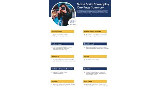 Movie Script Screenplay One Page Summary PDF Document PPT Template