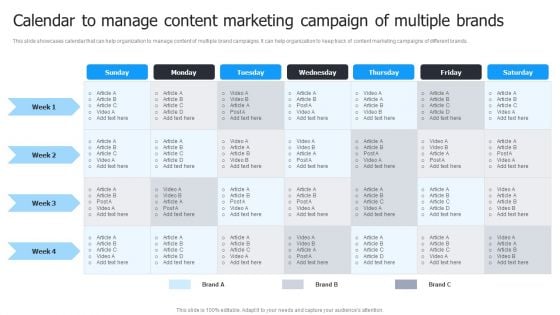 Multi Brand Launch Strateic Plan Calendar To Manage Content Marketing Campaign Of Multiple Brands Sample PDF