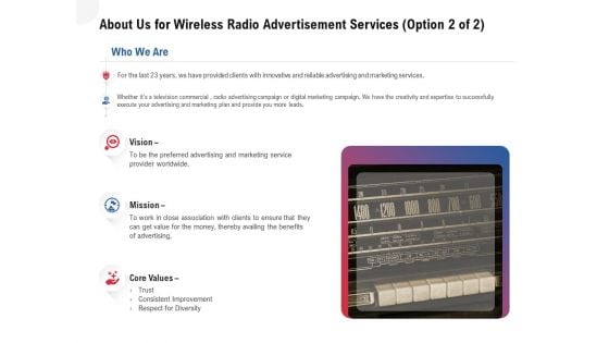 Multi Radio Waves About Us For Wireless Radio Advertisement Services Mission Elements PDF