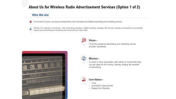 Multi Radio Waves About Us For Wireless Radio Advertisement Services Vision Demonstration PDF Multi Radio Waves About Us For Wireless Radio Advertisement Services Vision Demonstration PDF