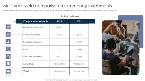 Multi Year Yield Comparison For Company Investments Ppt PowerPoint Presentation Pictures Layouts PDF