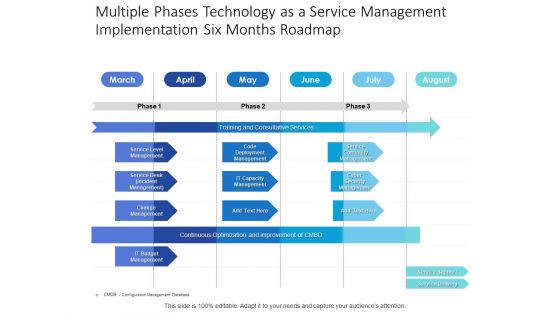 Multiple Phases Technology As A Service Management Implementation Six Months Roadmap Icons