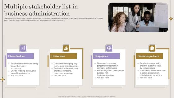 Multiple Stakeholder List In Business Administration Diagrams PDF