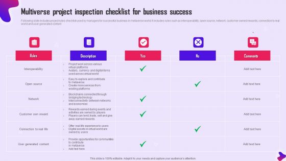 Multiverse Project Inspection Checklist For Business Success Clipart PDF